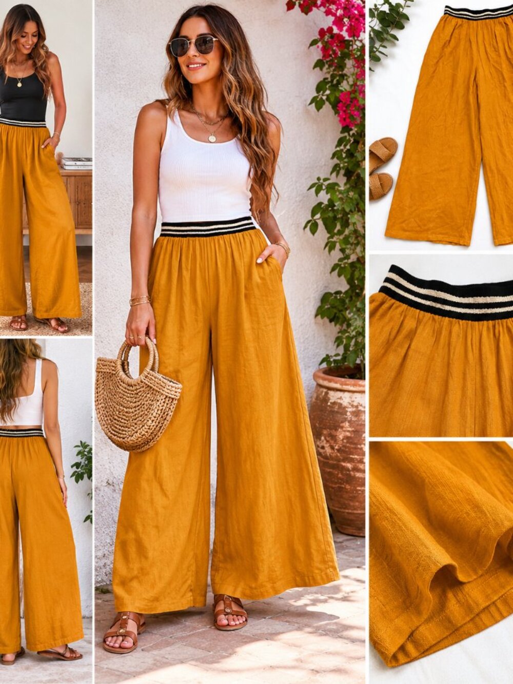 Dolan Mustard Wide Leg Linen Blend Pants Small Boho Palazzo Trousers